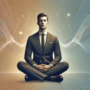 Man sitting and meditation while doing breathing exercises in a suit