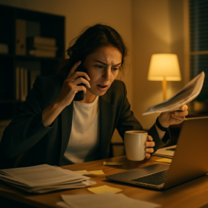 Woman in distress working late with no wellness