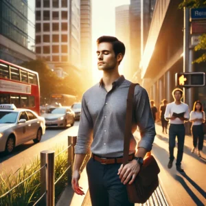 man walking down the street feeling relieved during golden hour