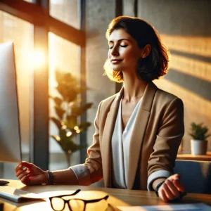 woman that is working at her desk becoming calmer