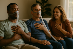 Group of diverse adults wearing CPAP masks practicing breathwork on a couch, supporting sleep apnea wellness