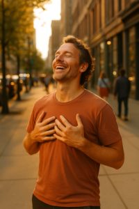 Man feeling joyful and energized after breathwork training in golden-hour city setting