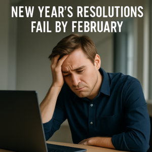 A frustrated man sitting at his desk with his head in his hand, looking at his laptop after failing to meet his New Year’s resolution goals.
