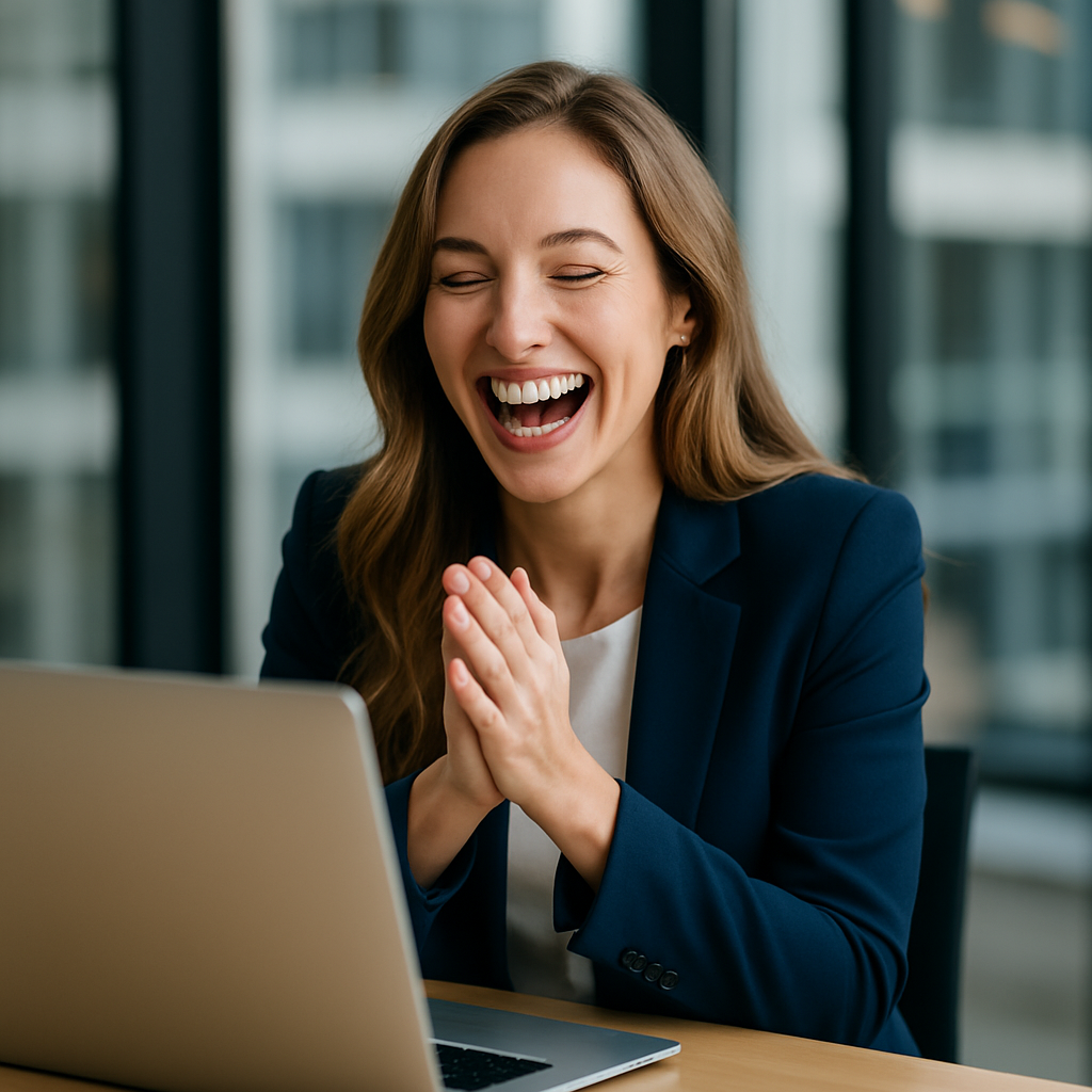A smiling professional woman in a modern office celebrating her success while looking at her laptop, representing career growth, confidence, and achievement.