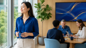 Healthy professional pausing and recovering while colleagues collaborate in an AI-enabled workplace
