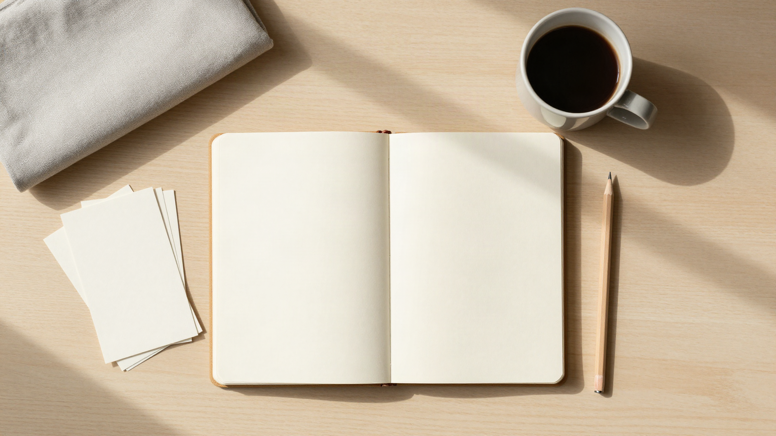 Overhead still life of a blank open notebook, pencil, blank index cards and a cup of coffee on a pale wood desk