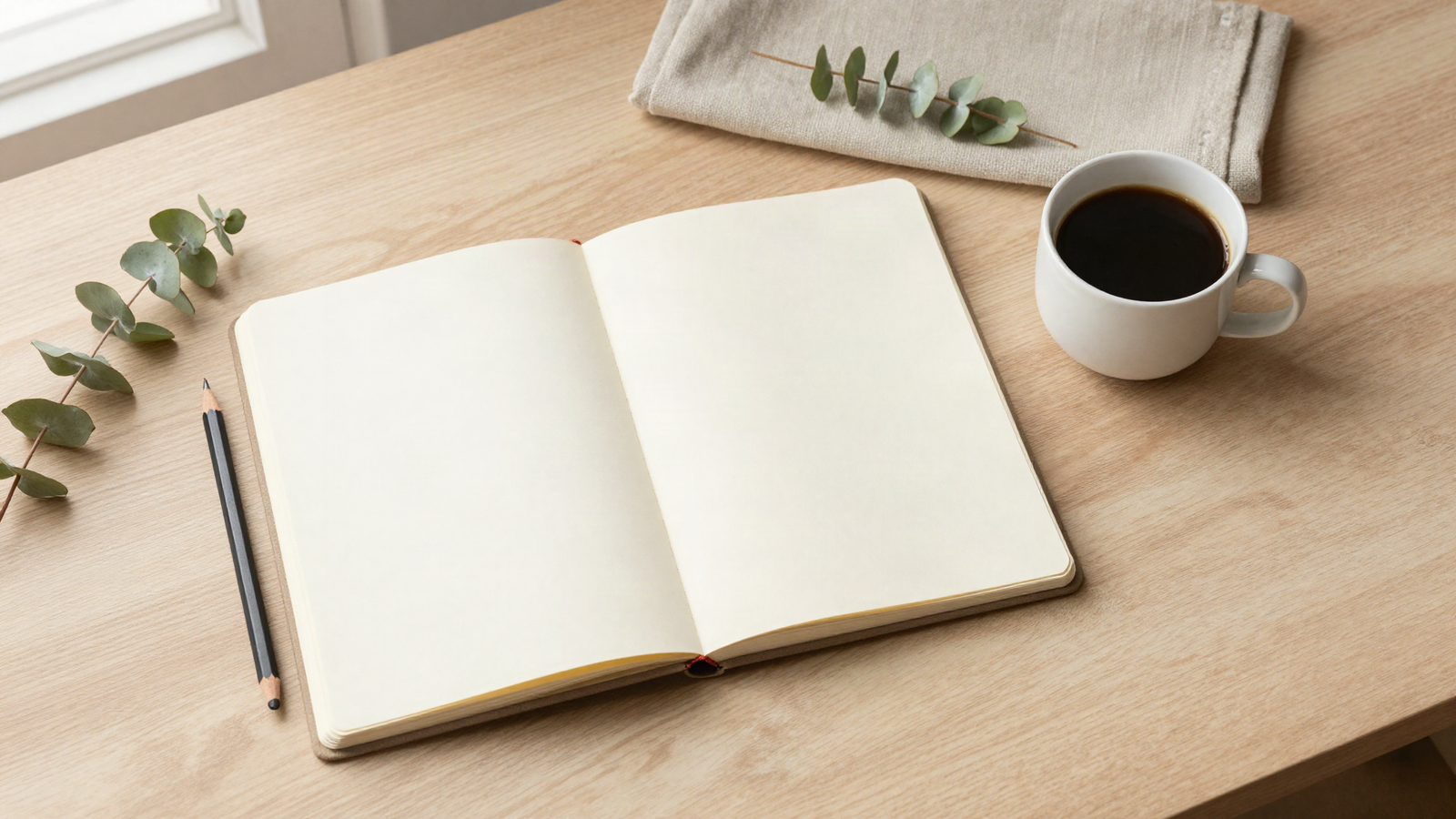 Blank open notebook, pencil and coffee cup on a pale oak desk, representing fitness program planning