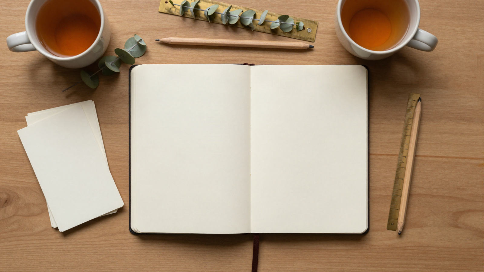 Overhead flat lay of an open blank notebook, pencils, wooden rulers, blank cards and tea on a warm oak desk