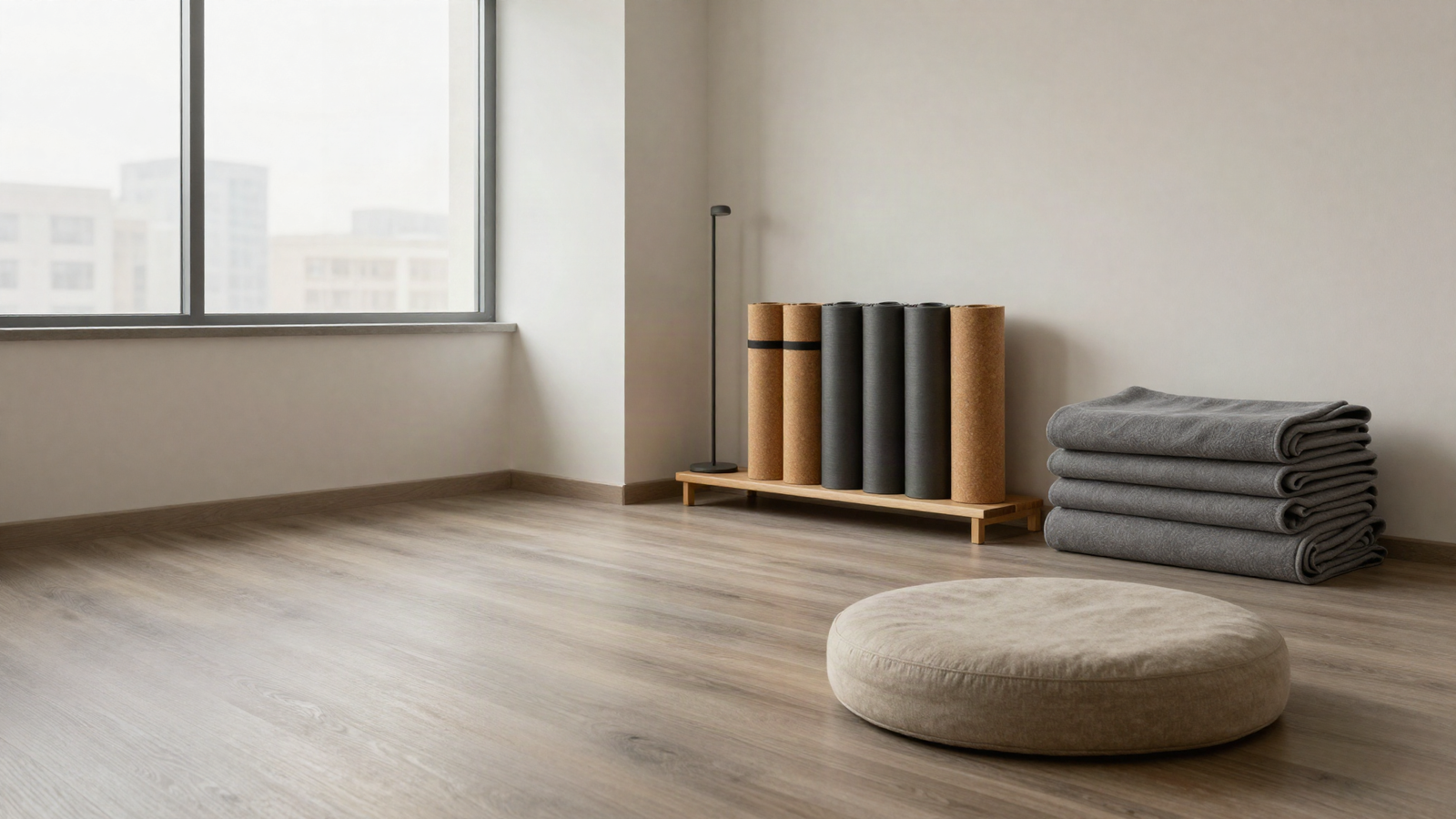 Quiet empty corporate wellness room with cork and charcoal mats stacked on a wooden shelf and folded grey blankets