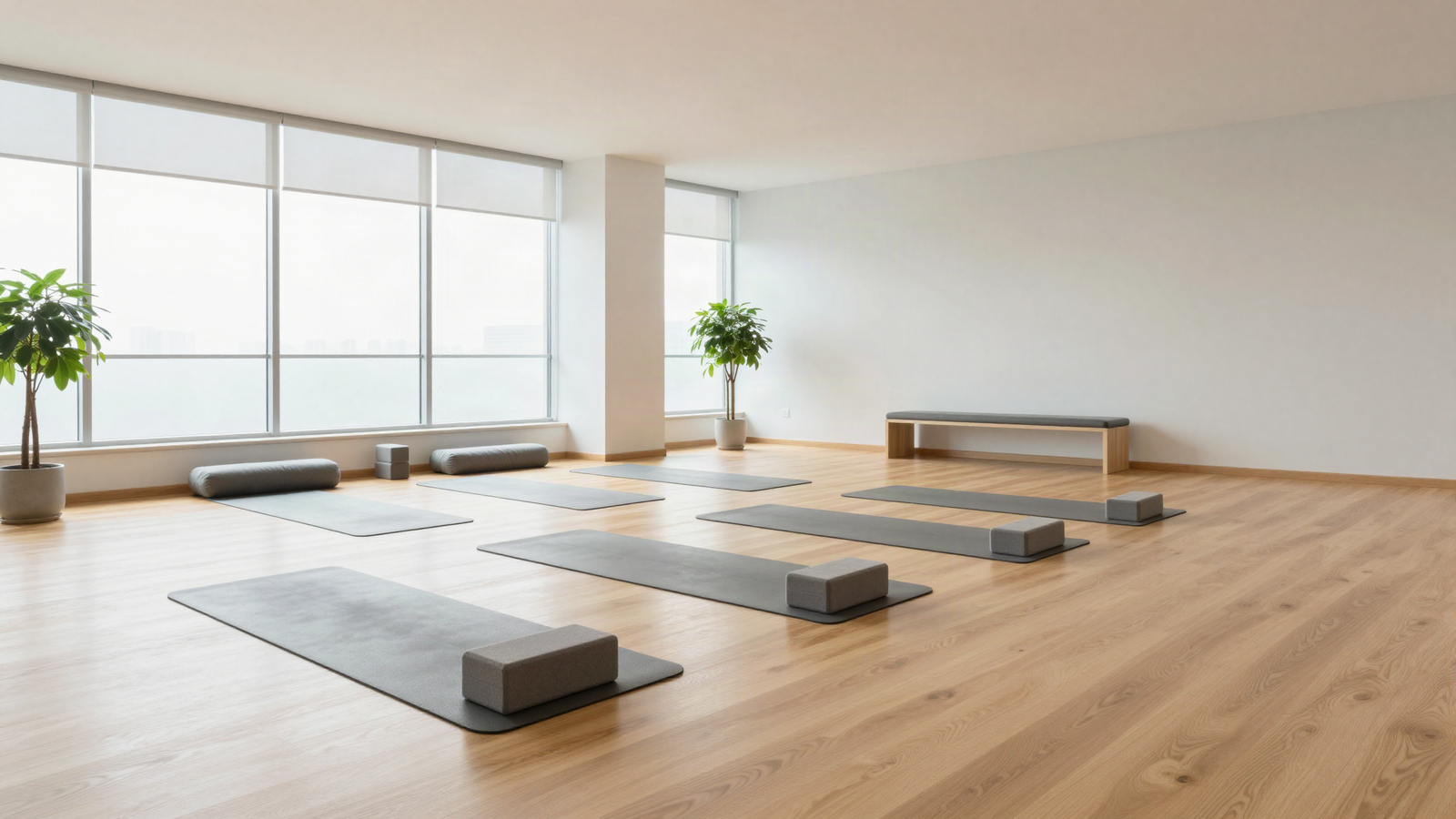 Bright modern corporate wellness room inside an office with mats laid out in a grid, yoga blocks and large windows
