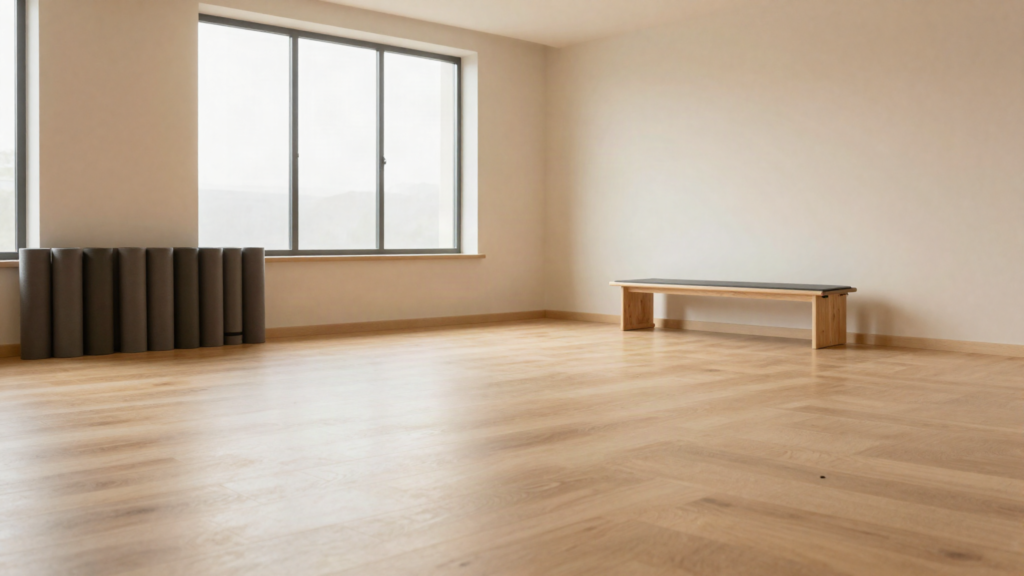 Empty luxury residential fitness studio with rolled yoga mats stacked against a wall, a wooden bench and soft morning light