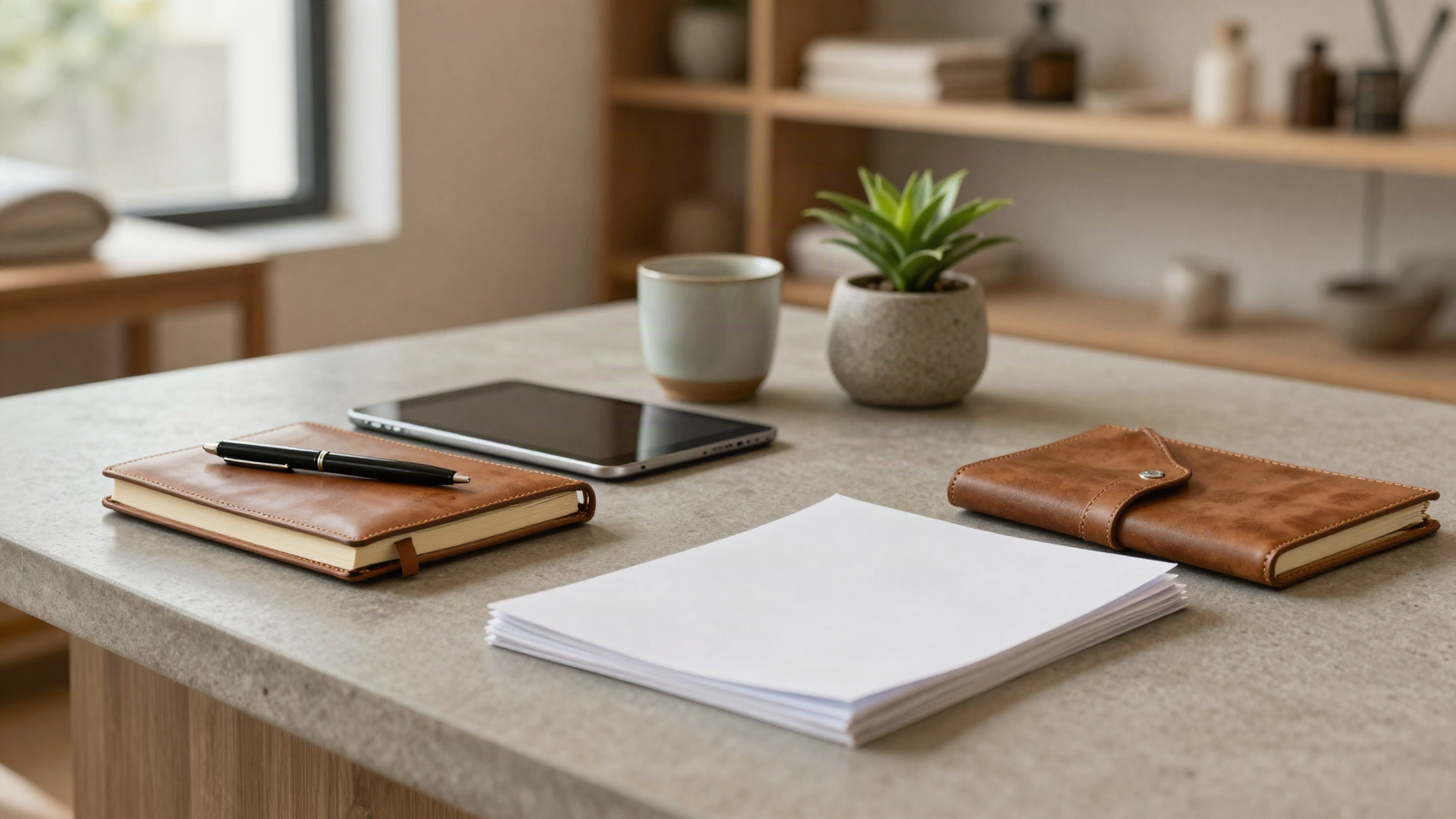 Stone countertop in a wellness studio with a leather notebook, pen, tablet and stack of blank paper for program planning