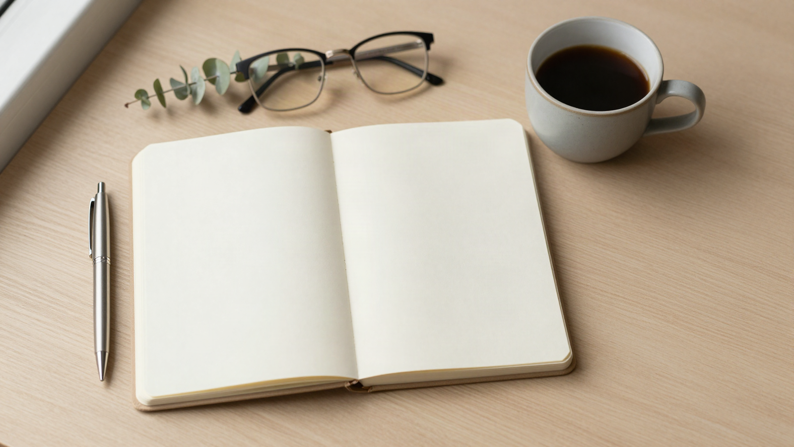Open blank notebook with a pen, reading glasses and a cup of coffee on a pale wood desk, suggesting program planning