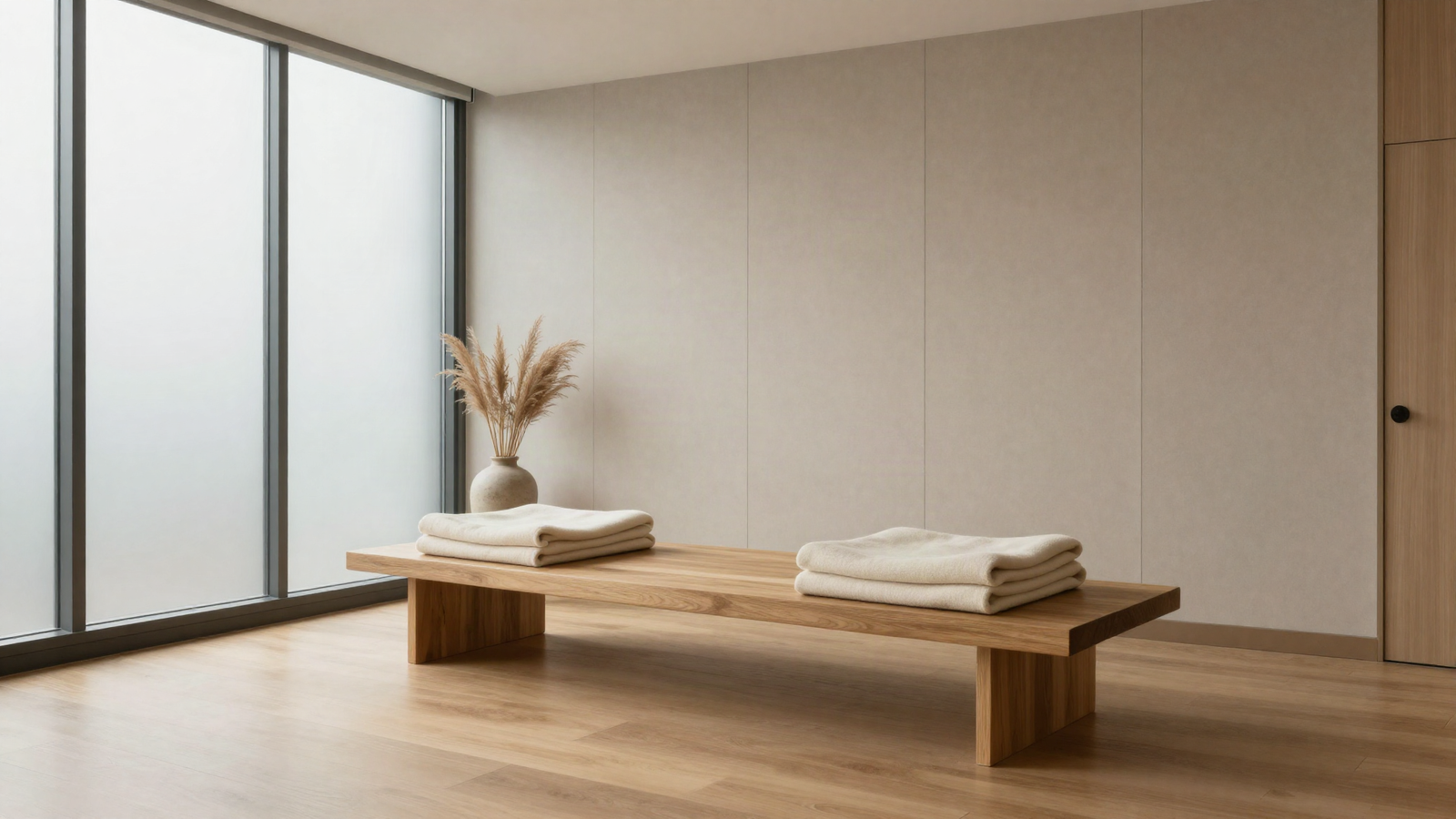 Quiet corporate wellness room with a wooden bench, folded blankets and diffused daylight in a modern office