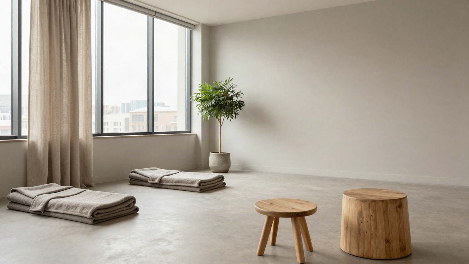 Empty corporate wellness room in an office with folded wool blankets, a low wooden stool and daylight through tall windows