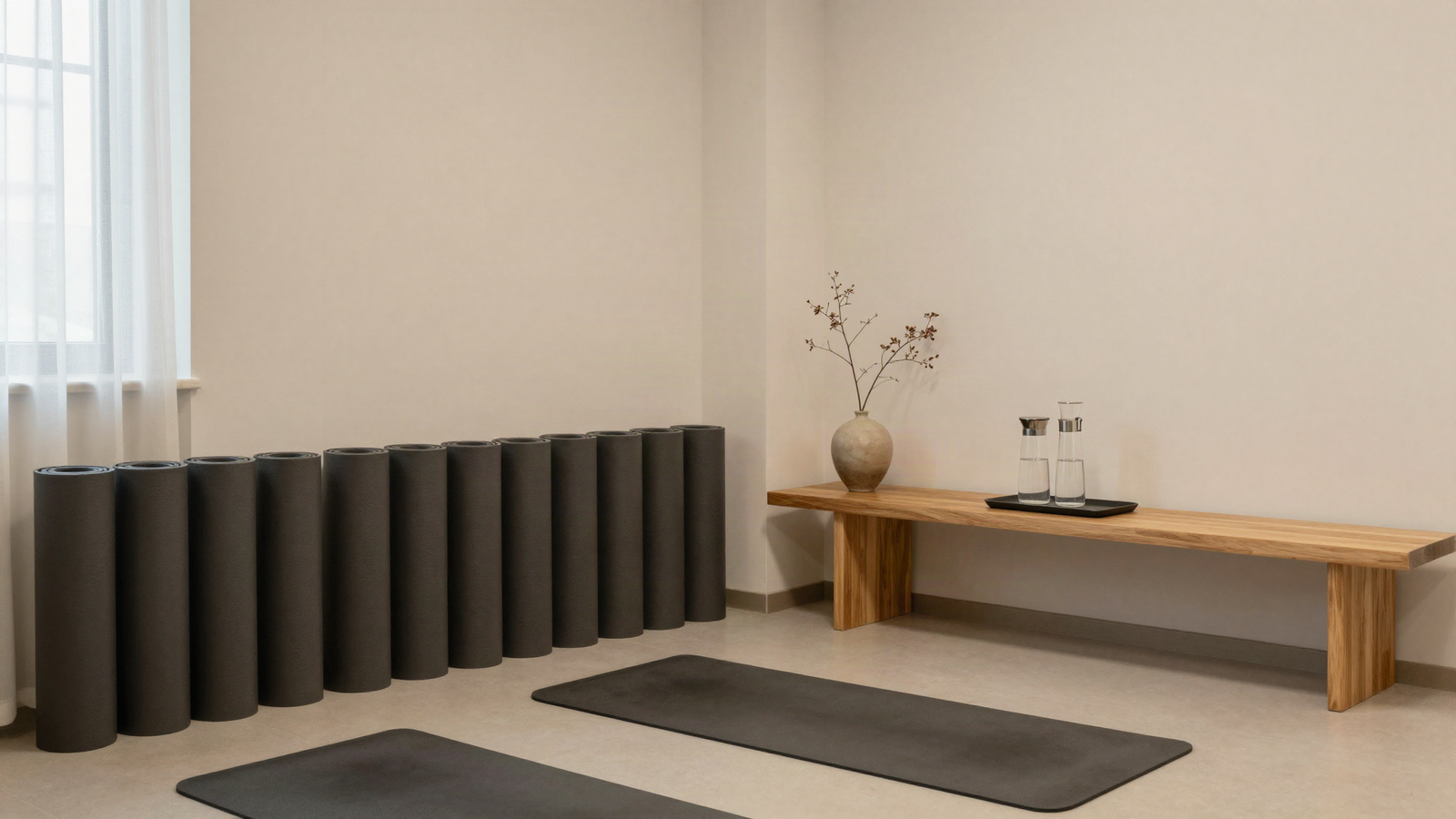 Calm empty corporate wellness room with a row of rolled exercise mats, a low wooden bench, and natural light through sheer curtains