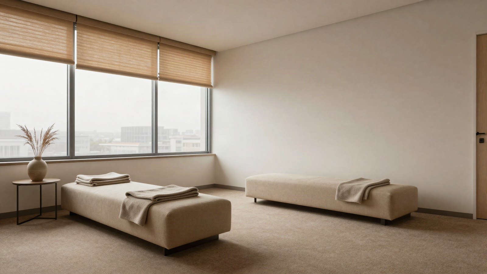 Quiet empty corporate office wellness room with low upholstered benches, folded blankets and soft daylight